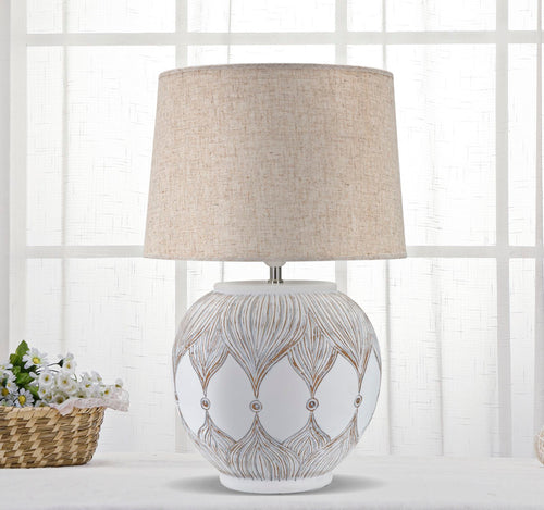 Tafellamp van witte hars met beige lampenkap ø 38x59 cm
