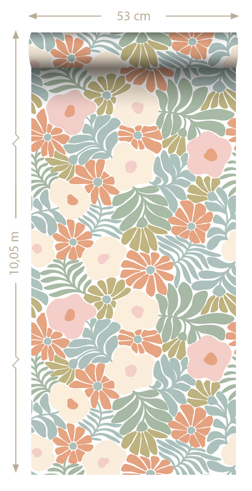 ESTAhome behang bloemen in Matisse stijl turquoise, oranje, olijfgroen en beige - 50 x 900 cm - 131004 - vtwonen shop