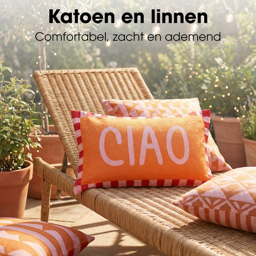 Mica Decorations Ciao Sierkussen - Kussen met Kussenhoes - Woondecoratie Woonkamer - 55 x 35 x 10 cm - Katoen, Linnen, Polyester - Oranje, Roze, Rood