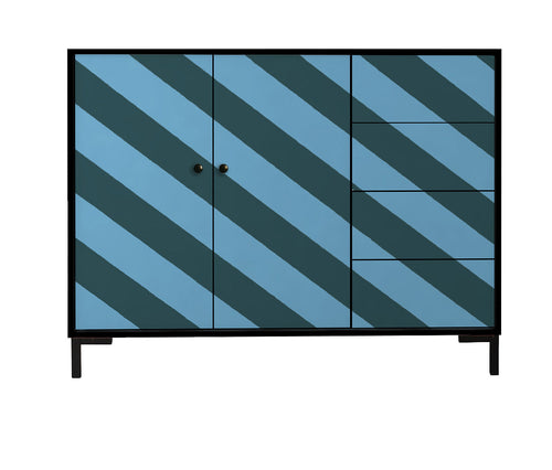 Laag dressoir van MDF met geometrisch streeppatroon in blauwtinten