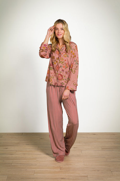 Pip Studio - Faye Pyjama t-shirt - Lange mouw Dames - Coco Flower - Koraal - S