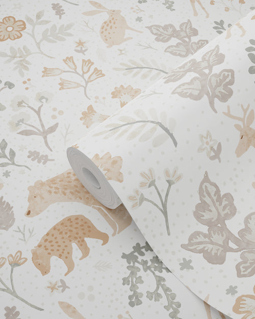 ESTAhome behang bos met bosdieren vergrijsd groen, beige en wit - 53 cm x 10.05 m - 139585