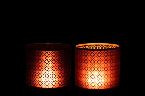 J-Line windlicht Oosters - glas - rood/goud - medium - 2 stuks