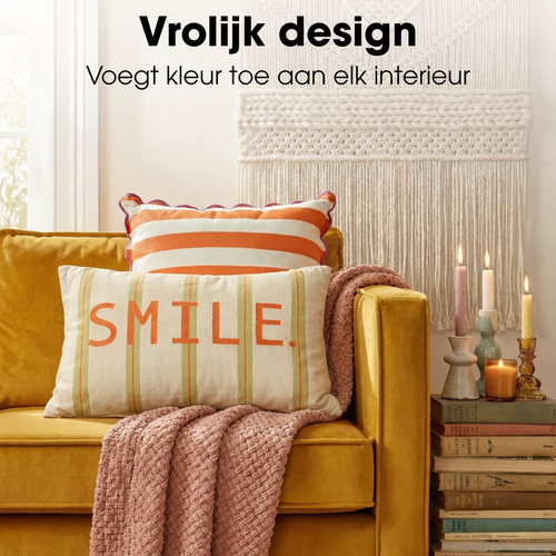 Mica Decorations Smile Sierkussen - Kussen met Kussenhoes - Woondecoratie Woonkamer - 55 x 35 x 10 cm - Katoen - Groen, Off-white, Oranje