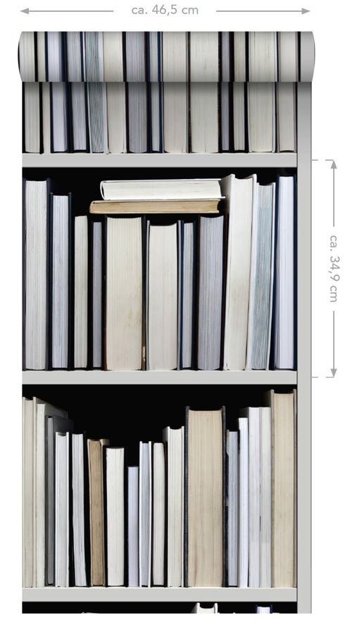 ESTAhome XXL behang boekenkast zwart, grijs, beige en wit - 50 x 900 cm - 158205 - vtwonen shop