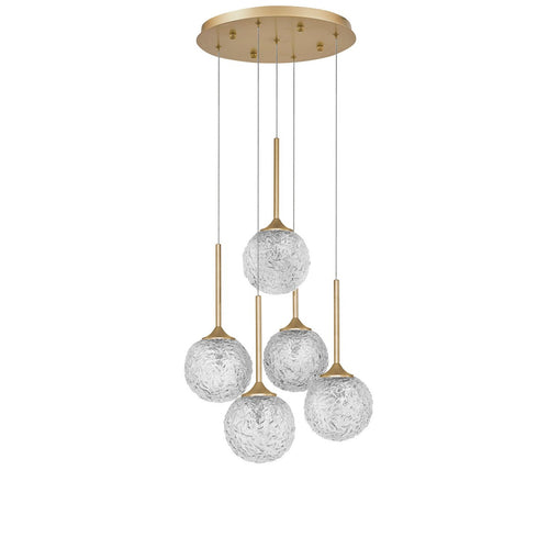 Merano Concord 5 lichts cluster hangende plafondlamp helder gestructureerd glas, geborsteld goud staal LED G9 IP20
