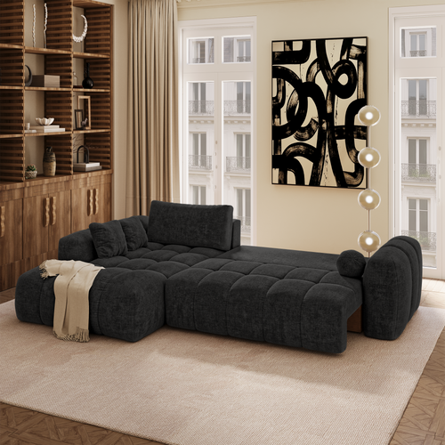 Premium Interiors - Linkshoekbank met slaapfunctie en opbergruimte SKY - kruisweefsel  donker antraciet 310cm