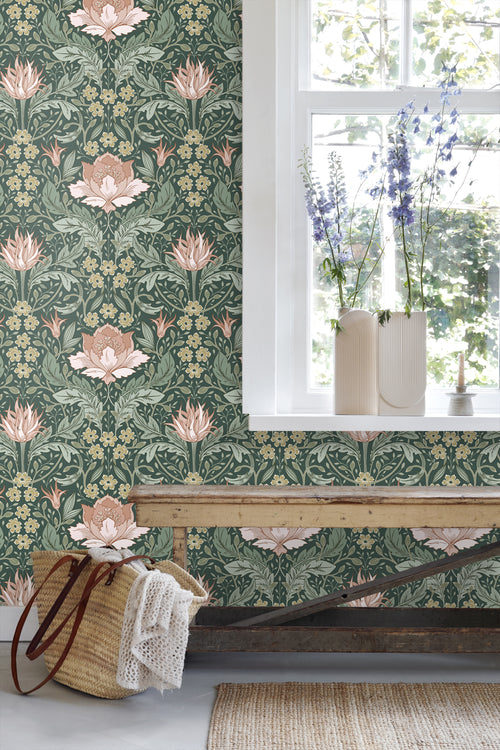 ESTAhome behang vintage bloemen in art nouveau stijl donkergroen en licht roze - 50 x 900 cm - 131081 - vtwonen shop