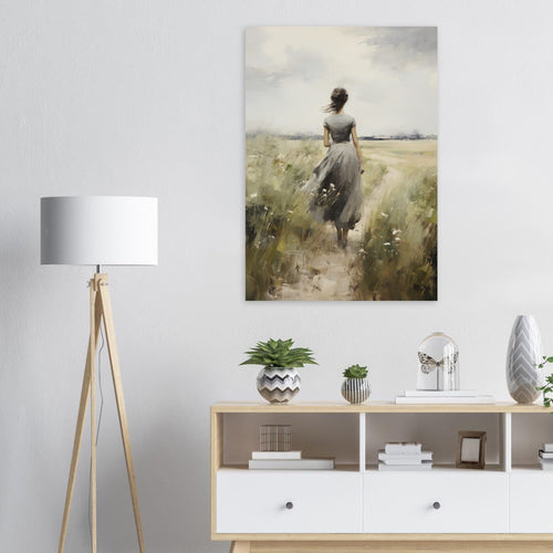 Artfulprints Poster Woman in flowerfield   - A4 21x29.7 cm - Groen