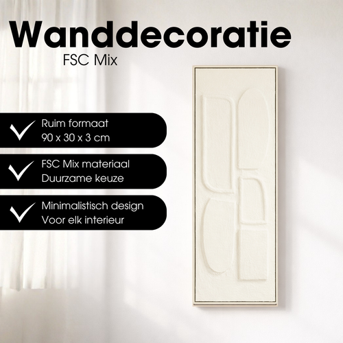 Mica Decorations Wanddecoratie - Wandpaneel Abstracte Kunst 90 x 30 x 3 cm - Woondecoratie voor Woonkamer of Slaapkamer - Off-white