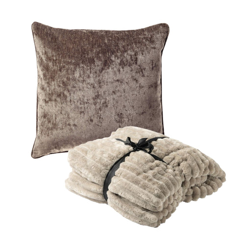 Dutch Decor set sierkussen en plaid - Lewy en Ricky - Taupe en beige