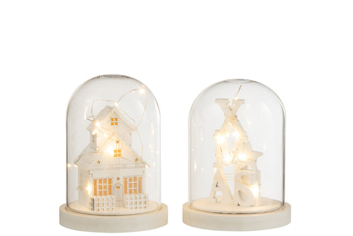 J-Line Decoratieve stolp Winter - hout/glas - wit - 2 st. - LED lichtjes