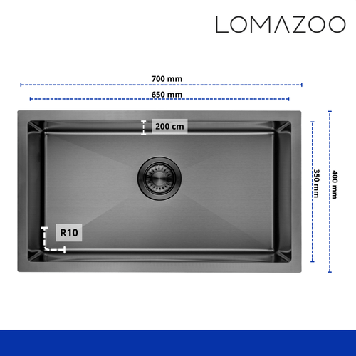 LOMAZOO spoelbak Sierra - met accessoires - RVS - gun metal - 70 x 40 cm