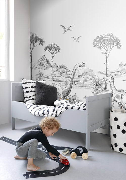 ESTAhome fotobehang dinosaurussen zwart wit - 300 x 279 cm - 159063