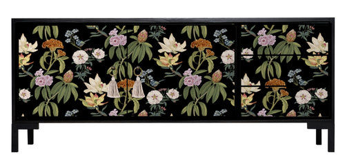 Meubel TV 2 deuren 3 lades JAN gelakt MDF met bloemenprint op zwarte achtergrond - vtwonen shop