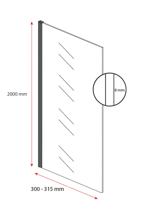 Badplaats Douchewand Florida 30 x 200 cm – Zwart – Inloopdouche 8 mm Veiligheidsglas