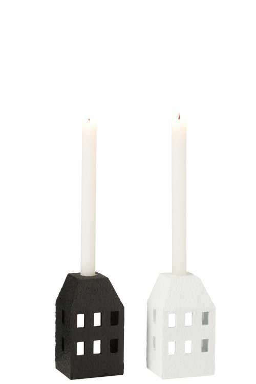 J-Line kandelaar Huis - cement - zwart/wit - 2 stuks