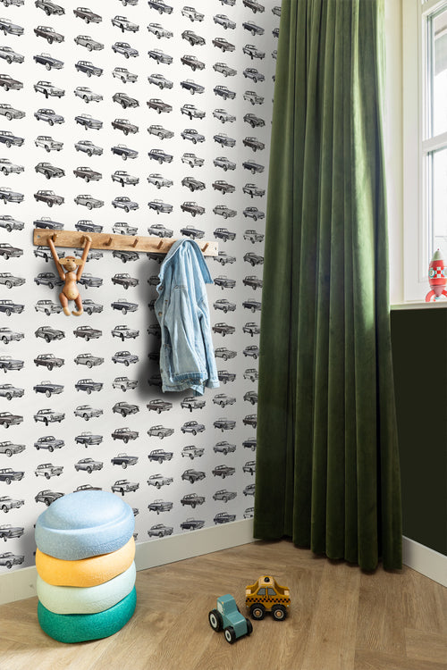 ESTAhome behang vintage auto's zwart - 53 cm x 10.05 m - 138733