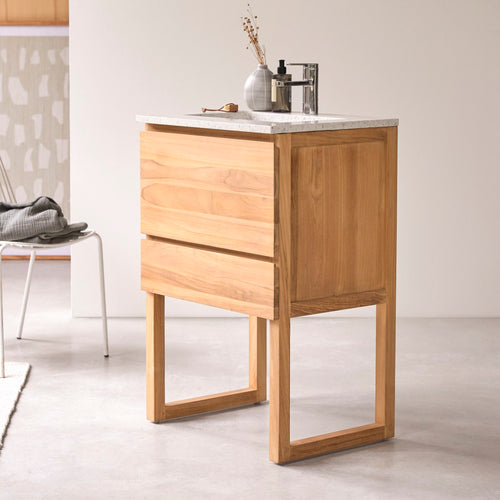 Tikamoon Badkamermeubel van massief teakhout en moon premium terrazzo 60 cm - Lichtbruin - vtwonen shop