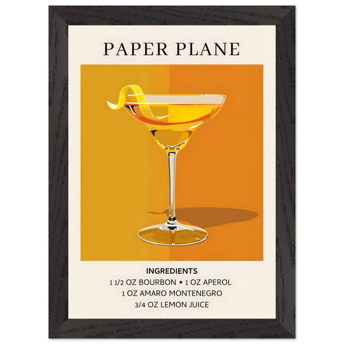 Artfulprints Poster met Lijst Paper Plane cocktail - Ingredients   - A4 21x29.7 cm - Oranje