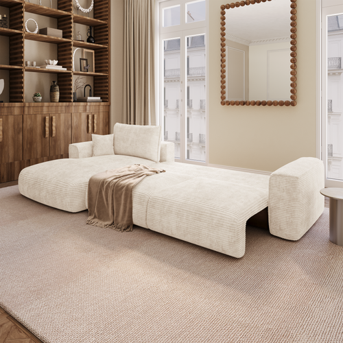 Premium Interiors - Linkshoekbank met slaapfunctie en opbergruimte COMO - corduroy crème 297cm