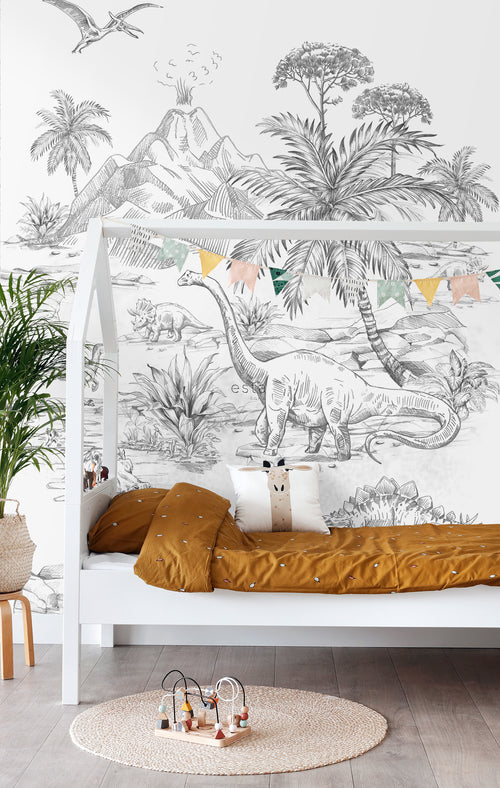 ESTAhome fotobehang dinosaurussen zwart wit - 200 x 279 cm - 159237