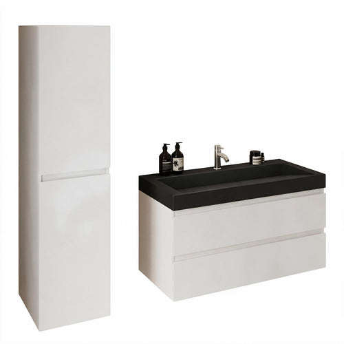 LOMAZOO badmeubelset Azuro - met kolomkast & zwarte wastafel - glanzend wit - 100 cm