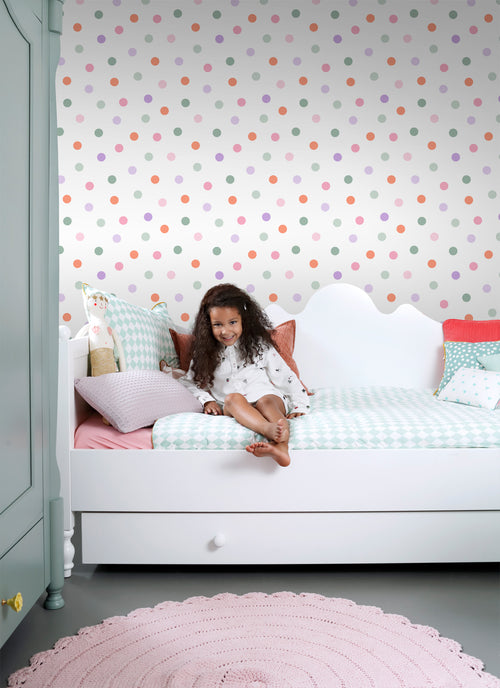 ESTAhome behang stip paars, oranje, roze en groen - 50 x 900 cm - 131622