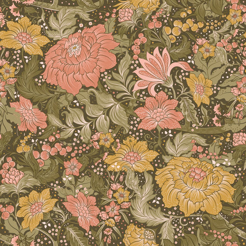 ESTAhome behang vintage bloemen vergrijsd olijfgroen, roze en okergeel - 50 x 900 cm - 131197