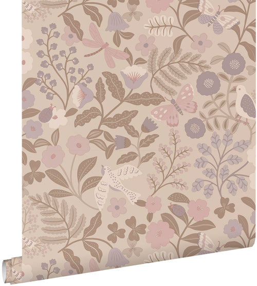 ESTAhome behang bloemen en vogels taupe en lila paars - 50 x 900 cm - 132231