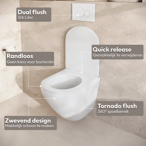 LOMAZOO hangtoiletset Linea - met inbouwreservoir & vierkante drukplaat - rond - goud / wit
