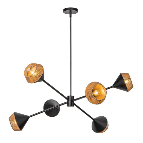 Mehrarmige Pendel-Deckenleuchte Modern Mattschwarz, Natur 6x E14