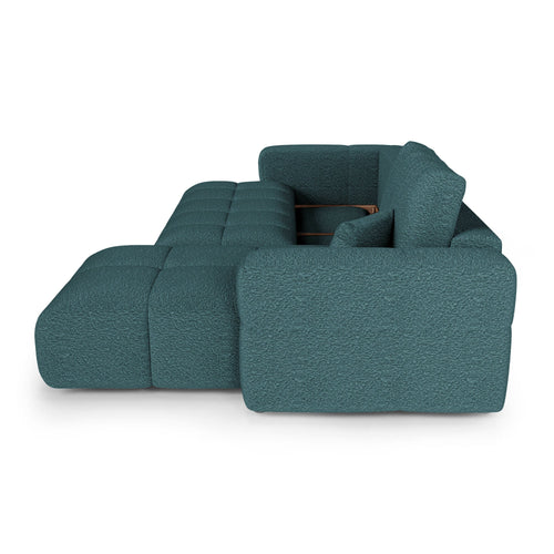 Premium Interiors - Rechthoekige hoekbank met slaapfunctie en opbergruimte VIBE - bouclé-stof eendblauw 286cm
