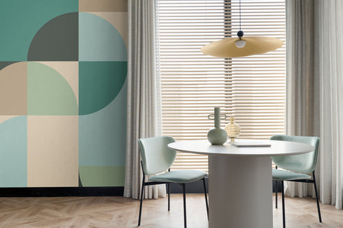 ESTAhome fotobehang cirkels in Bauhaus stijl petrolgroen, mintgroen en beige - 250 x 279 cm - 159369 - vtwonen shop