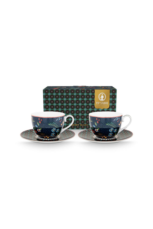 Pip Studio - Berry Blues - Set van 2 Koppen en Schotels - Koffiekopjes - 300ml