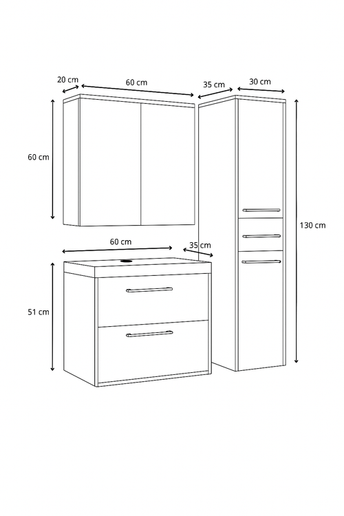 Badplaats Badkamermeubel Set Florence 60 cm XL – Hoogglans Wit – Hangend Badmeubel met Wastafel, Spiegelkast en Zijkasten