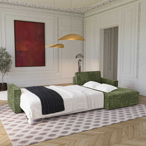 Premium Interiors - Rechthoekige hoekbank met slaapfunctie en opbergruimte  - stof met tweed-effect groen 297cm