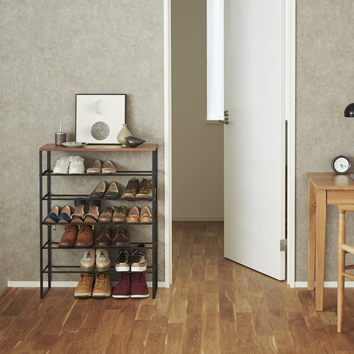 Yamazaki Schoenenrek met Houten Bovenblad - 6 niveaus - Tower - Zwart