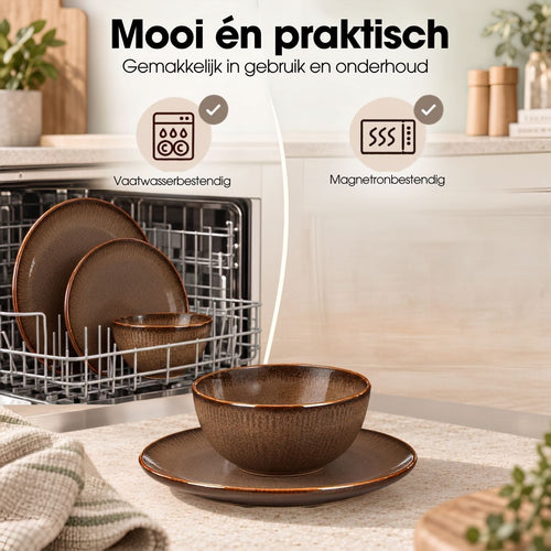 Mica Decorations Nusa Set Bruin 12-delig - Serviesset met Warme Uitstraling - Borden en Soepkommen van Steengoed voor Dagelijks Gebruik - Afmeting 28