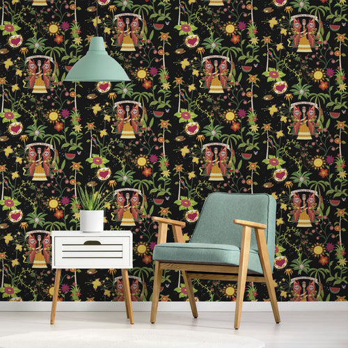 Walls4You behang tropische bladeren en bloemen zwart en meerkleurig - 53 cm x 10 m - 640127
