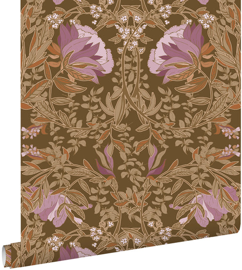 ESTAhome behang vintage bloemen in art nouveau stijl bruin en mauve paars - 50 x 900 cm - 131729