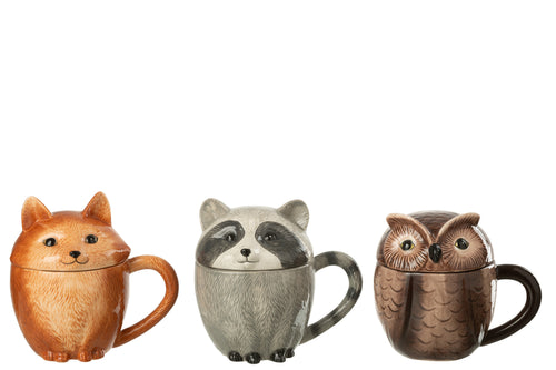 J-Line mok + deksel Dieren Dolomiet - keramiek - mix - 3 stuks - vtwonen shop