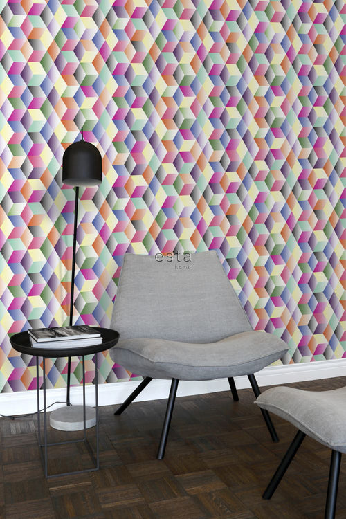 ESTAhome XXL behang 3D kubussen roze, geel, groen en blauw - 50 x 900 cm - 158913 - vtwonen shop