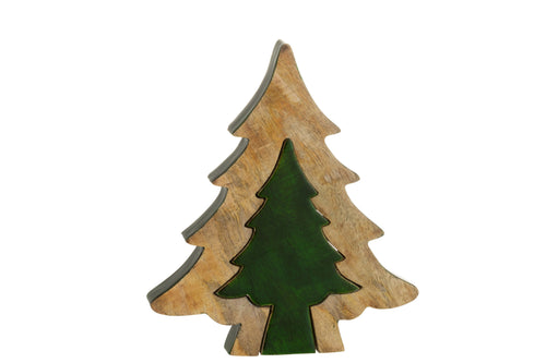 J-Line decoratie Kerstboom Puzzel - hout - groen/naturel - large