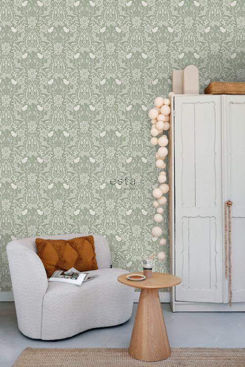 ESTAhome behang bloemen en vogels in art nouveau stijl vergrijsd groen - 53 cm x 10.05 m - 139293