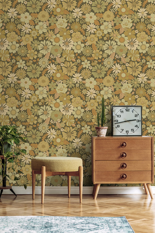 ESTAhome behang retro bloemen olijfgroen - 50 x 900 cm - 130967 - vtwonen shop