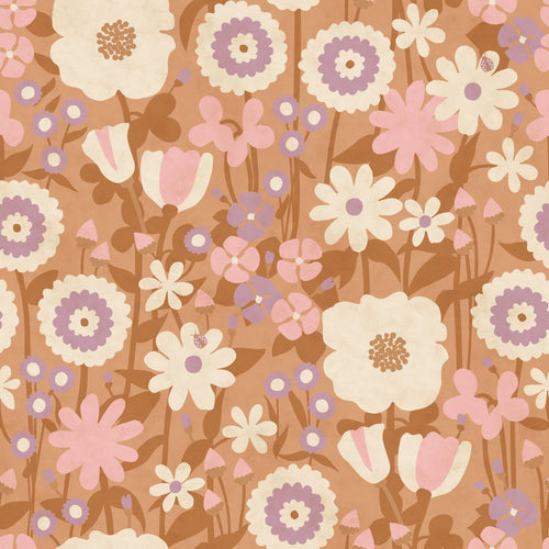 ESTAhome behang retro bloemen terracotta bruin, roze en paars - 50 x 900 cm - 132161