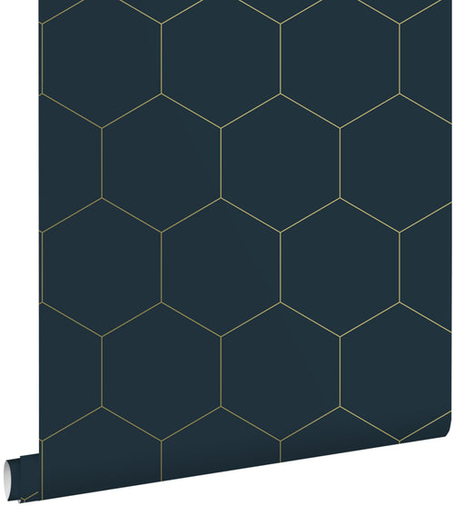 ESTAhome behang hexagon donkerblauw en goud - 53 cm x 10.05 m - 139237