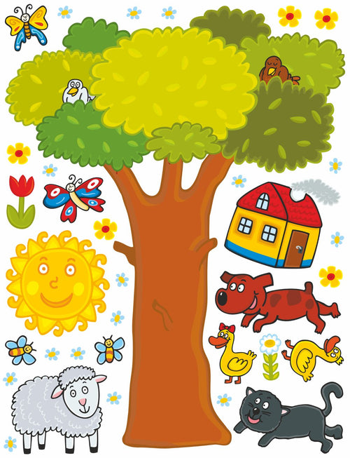 Sanders & Sanders muursticker boerderij dieren groen, geel en bruin - 85 x 65 cm - 600243