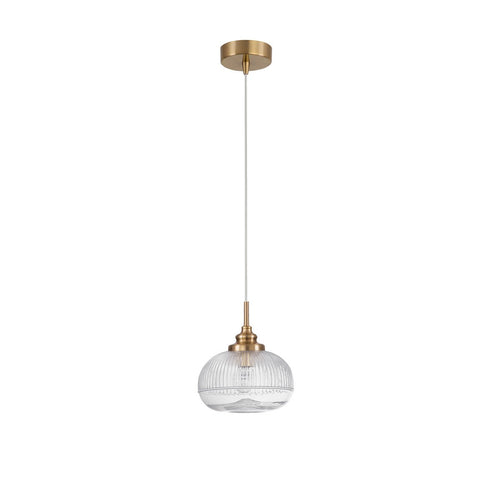 Merano Estevan 18 cm bol hangende plafondlamp satijn goud metaal helder glas LED E14